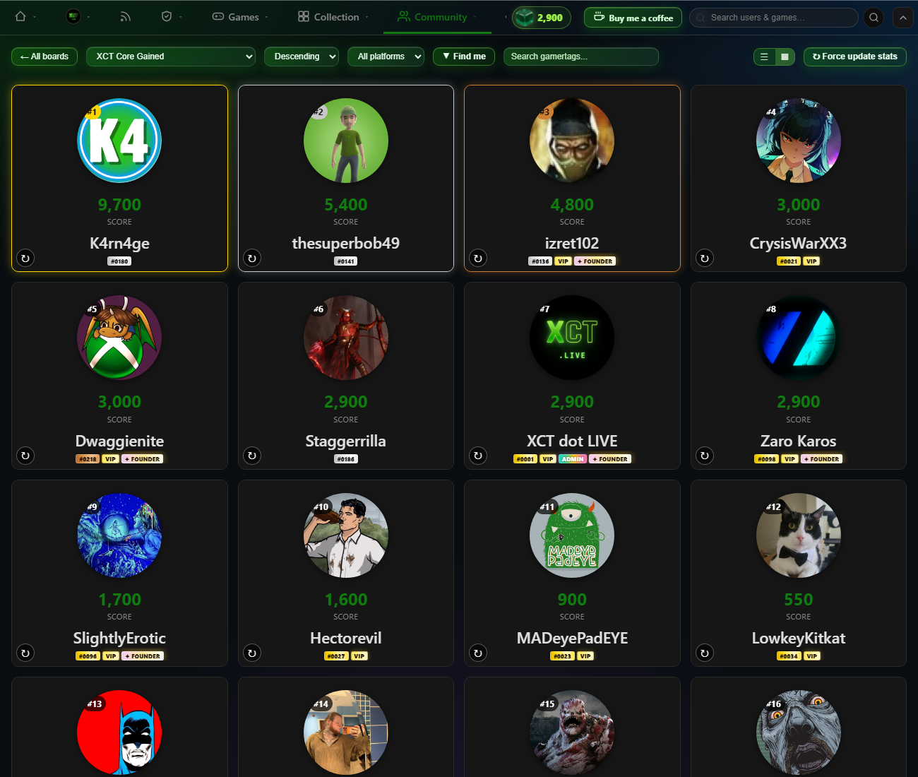 The leaderboard grid view as XCT-style cards — circular gamerpics with large gamertags