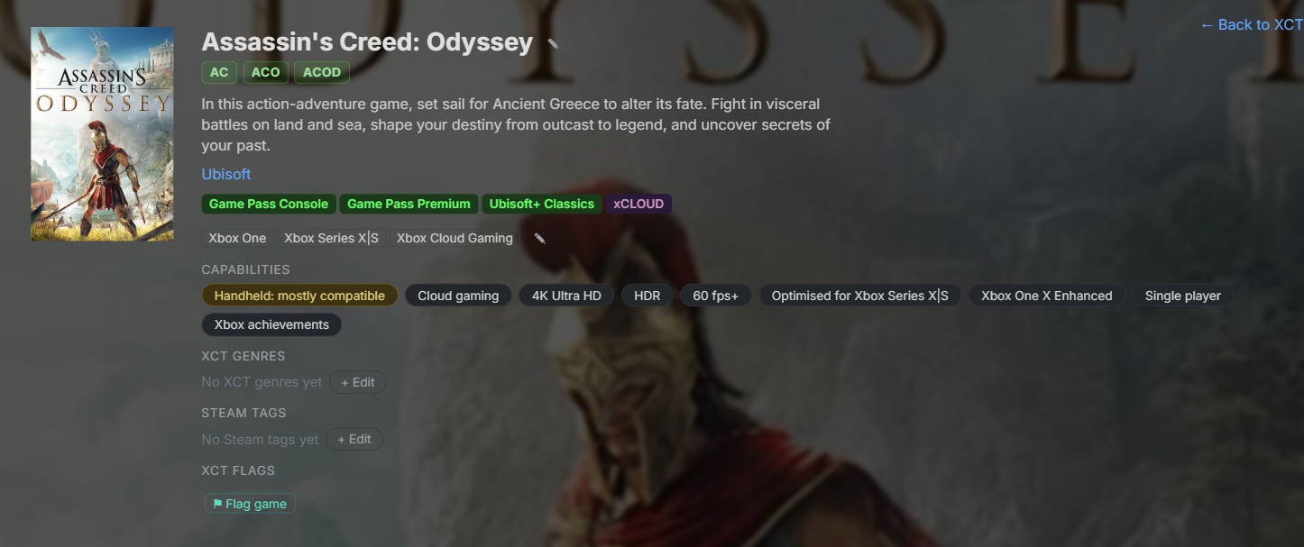 Assassin's Creed: Odyssey on XCT.live with AC, ACO and ACOD abbreviation chips under the title