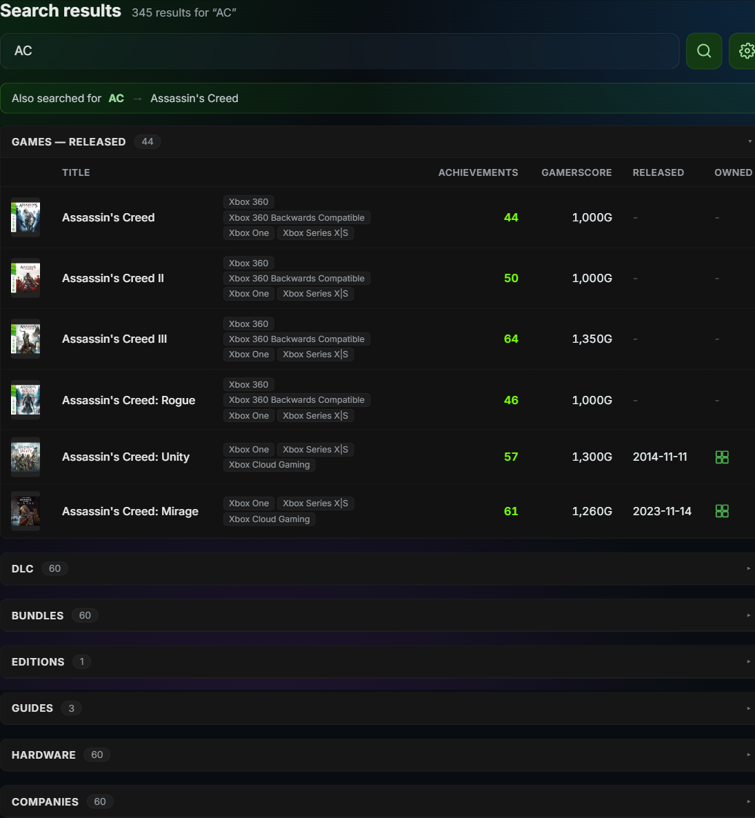 SuperSearch results for AC — the abbreviation banner, an open Games block with sortable columns, and collapsed DLC, Bundles, Editions, Guides, Hardware and Companies blocks
