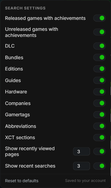 The SuperSearch settings panel — 13 switches covering released and unreleased games, DLC, bundles, editions, guides, hardware, companies, gamertags, abbreviations, XCT sections, recently viewed pages and recent searches