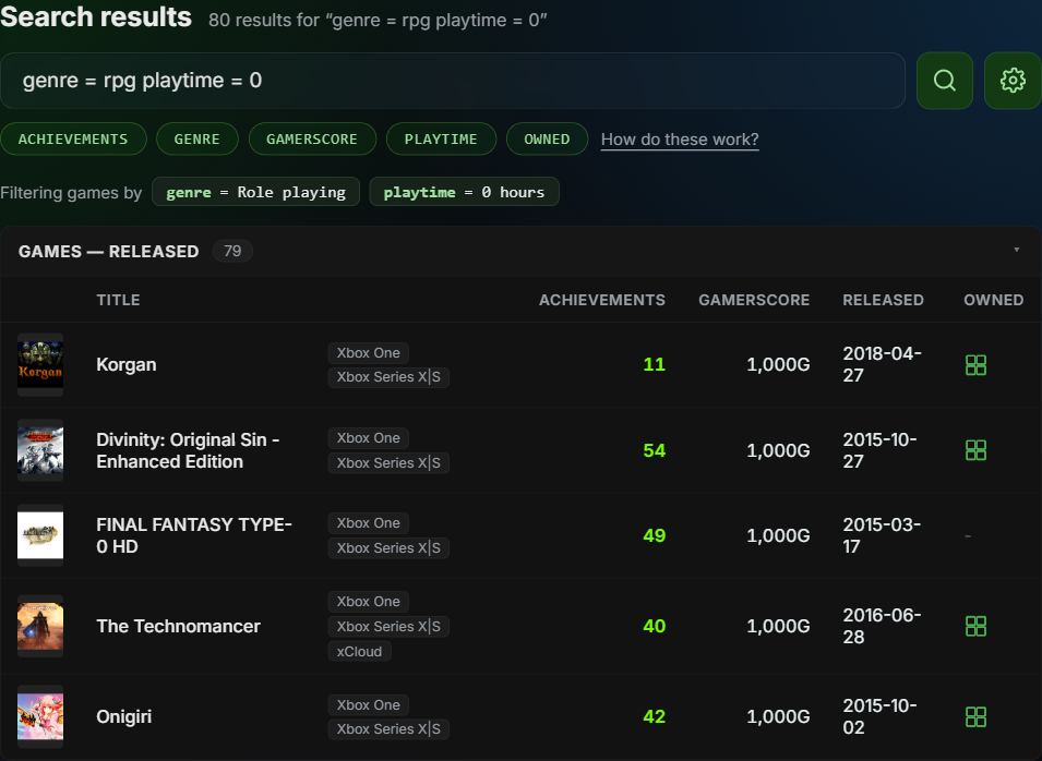 SuperSearch filtering by genre = rpg and playtime = 0, showing the variable chips, the parsed filter pills and 79 unplayed role-playing games