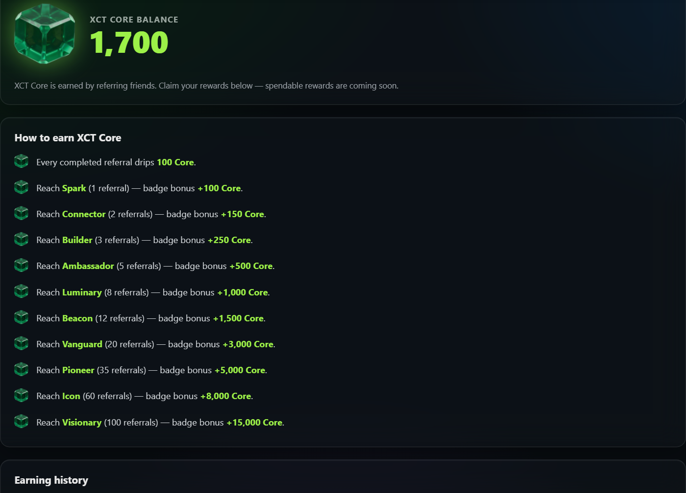 The XCT Core dashboard — gem balance, claimable rewards and the how-to-earn breakdown
