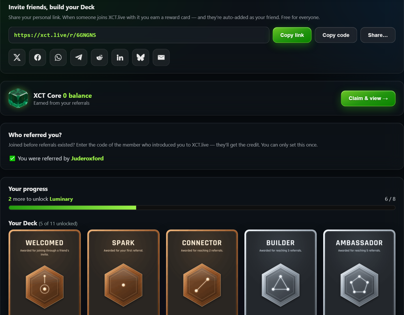 The XCT.live Referrals dashboard — invite link, social sharing and the reward-card Deck